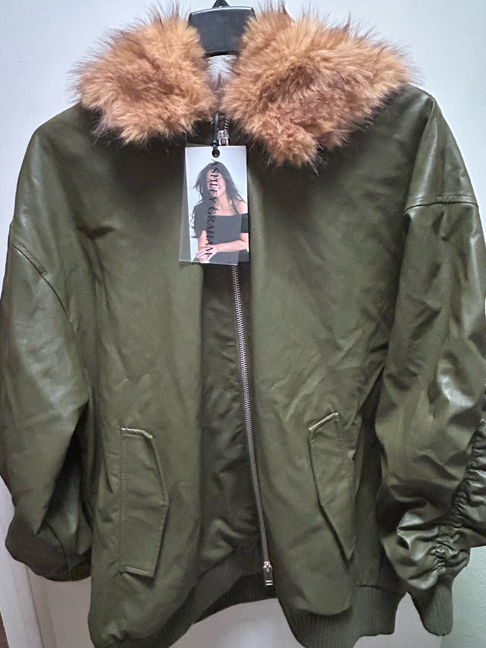 Ashley Graham Deep Olive Hooded Bomber Jacket Faux Fur Trim Zip Size 1X NEW